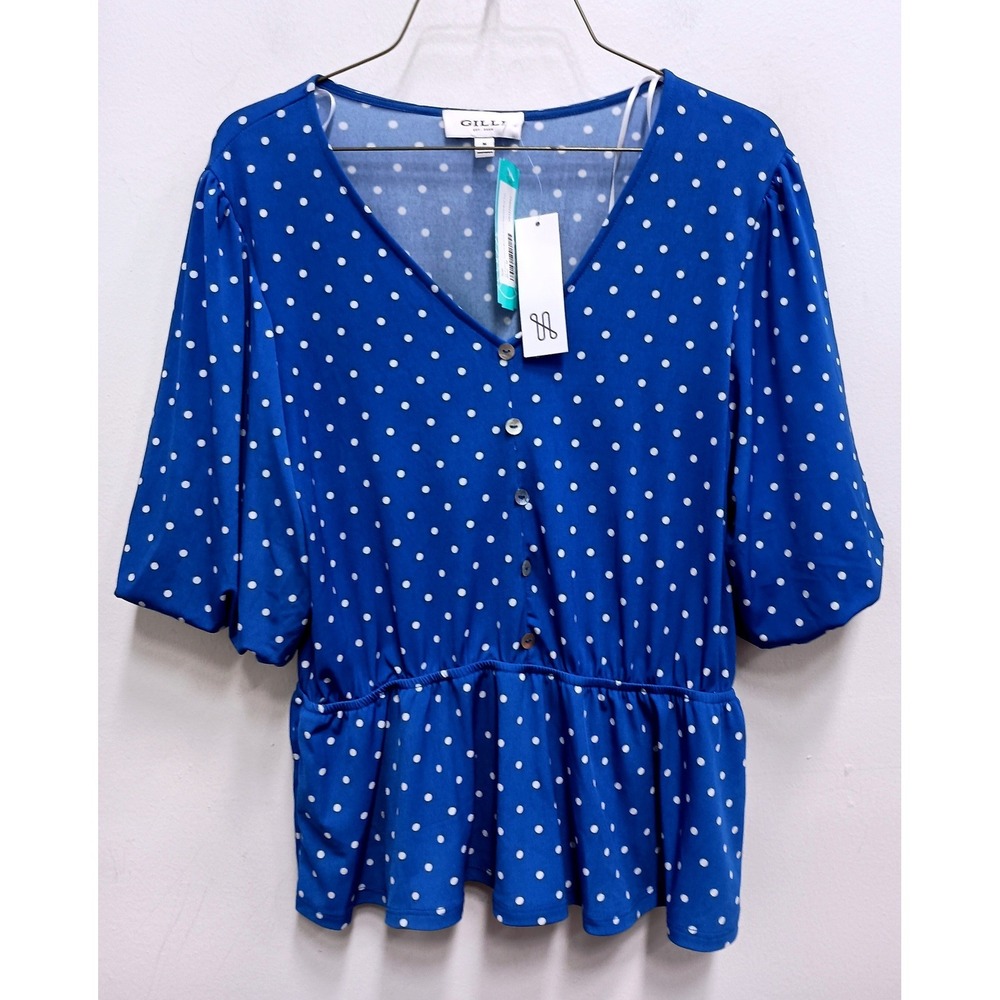 Gilli BOHO Peplum Top‎ Womens M Blue Polka Dot Flutter Sleeve Button Front New